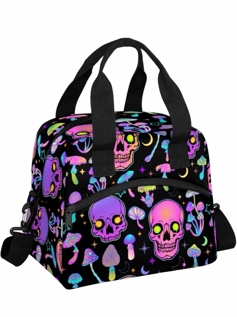 Kids Neon Skull & Mushroom Lunch Tote - Black with Purple Accents